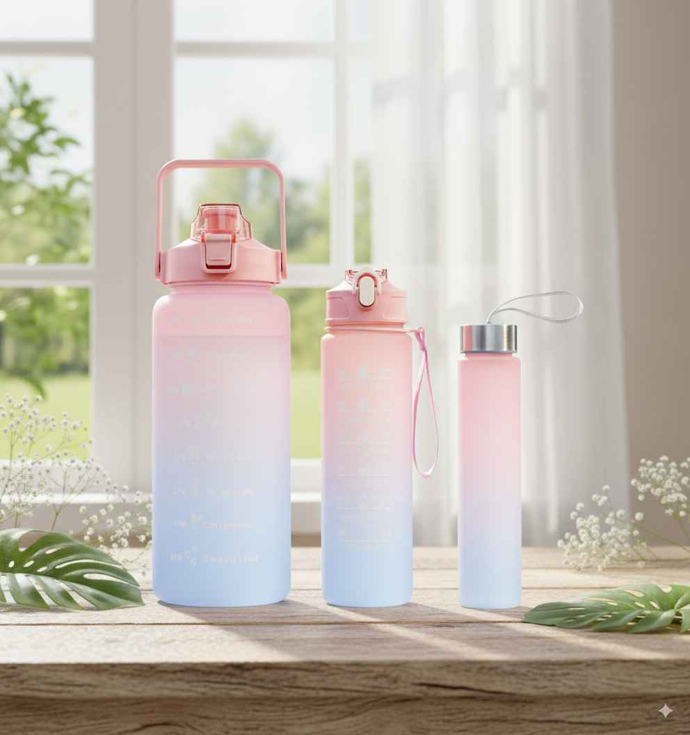 3-in-1 Motivational Water Bottle Set (2L + 900ml + 280ml) – Leakproof, BPA-Free, Daily Hydration Tracker