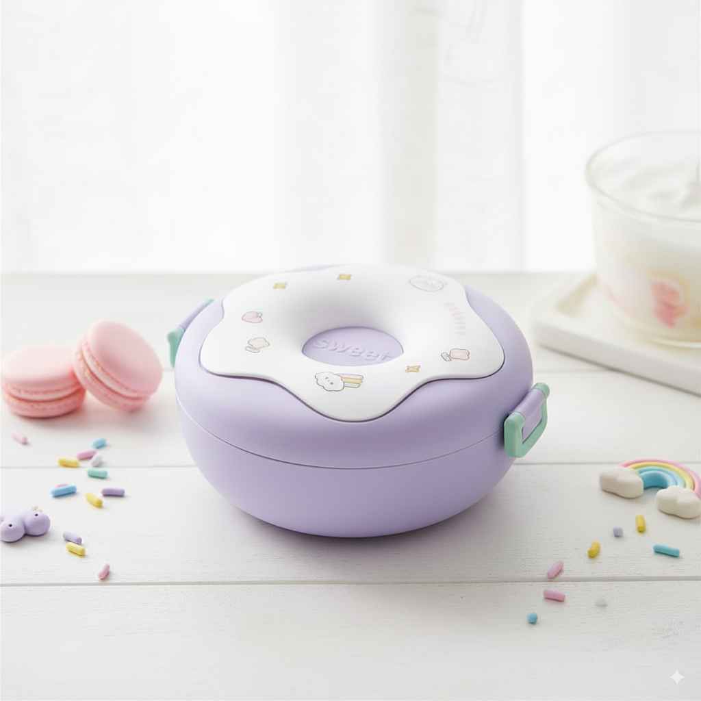 Donut-Shaped Plastic Lunch Box – 3 Compartment Bento Bowl for Kids & Students, 800ml