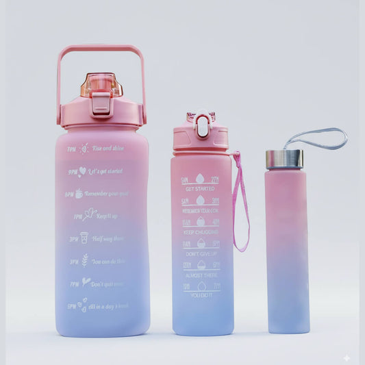 3-in-1 Motivational Water Bottle Set (2L + 900ml + 280ml) – Leakproof, BPA-Free, Daily Hydration Tracker