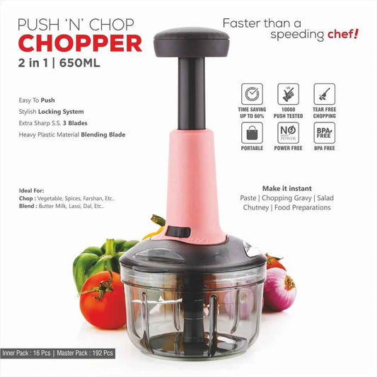 Hand Push Vegetable Chopper – 3 Stainless Steel Blades, Easy to Clean, Portable & BPA-Free, 600ml