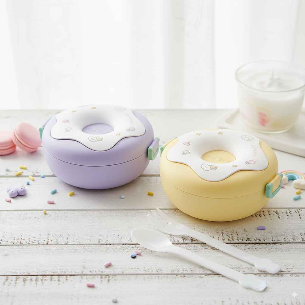 Donut-Shaped Plastic Lunch Box – 3 Compartment Bento Bowl for Kids & Students, 800ml