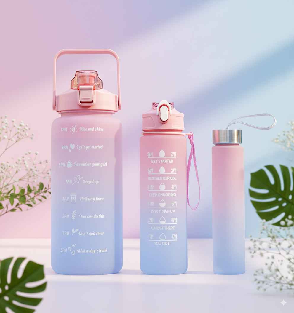 3-in-1 Motivational Water Bottle Set (2L + 900ml + 280ml) – Leakproof, BPA-Free, Daily Hydration Tracker