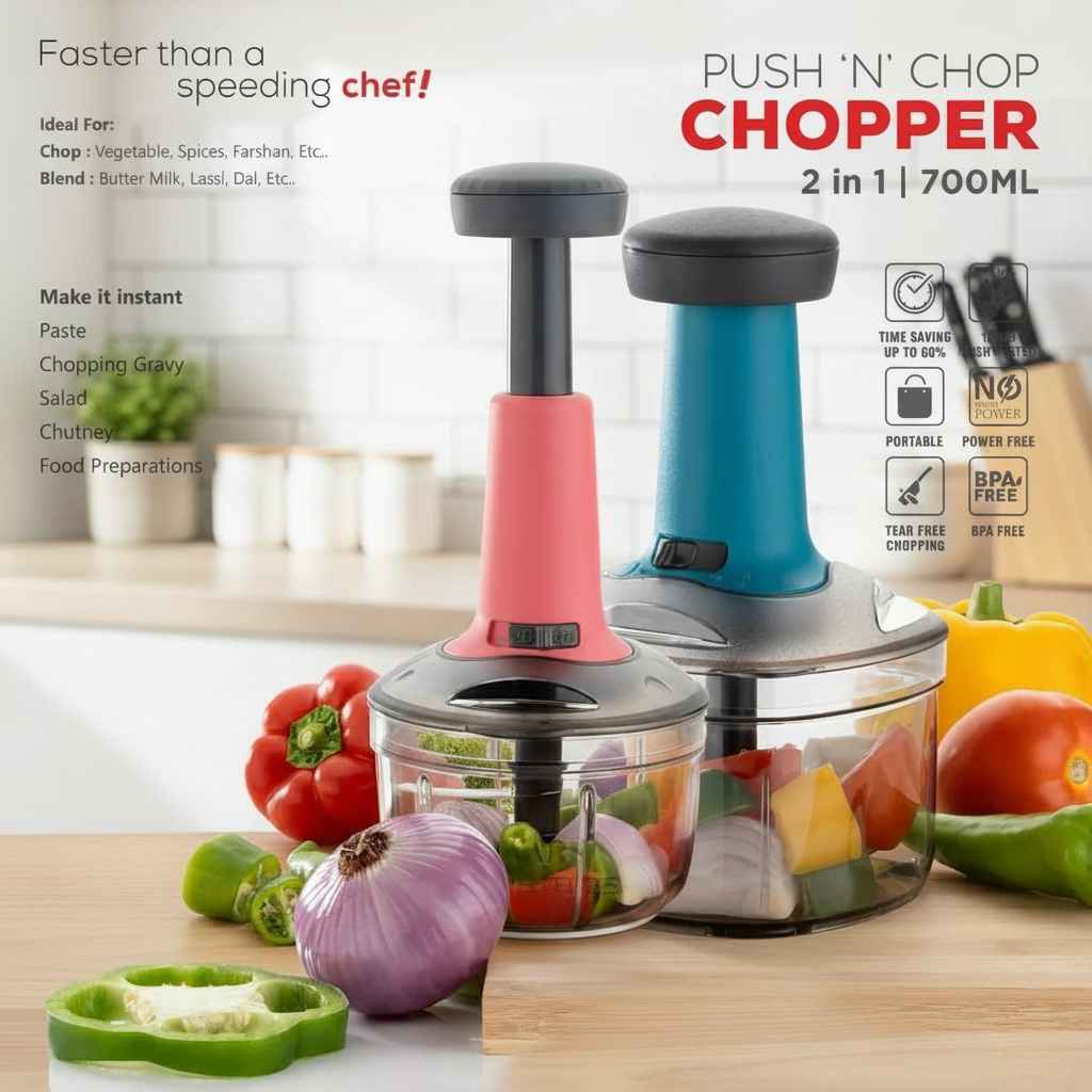 Hand Push Vegetable Chopper – 3 Stainless Steel Blades, Easy to Clean, Portable & BPA-Free, 600ml