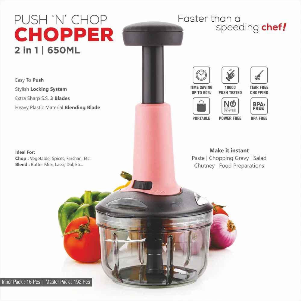Hand Push Vegetable Chopper – 3 Stainless Steel Blades, Easy to Clean, Portable & BPA-Free, 600ml