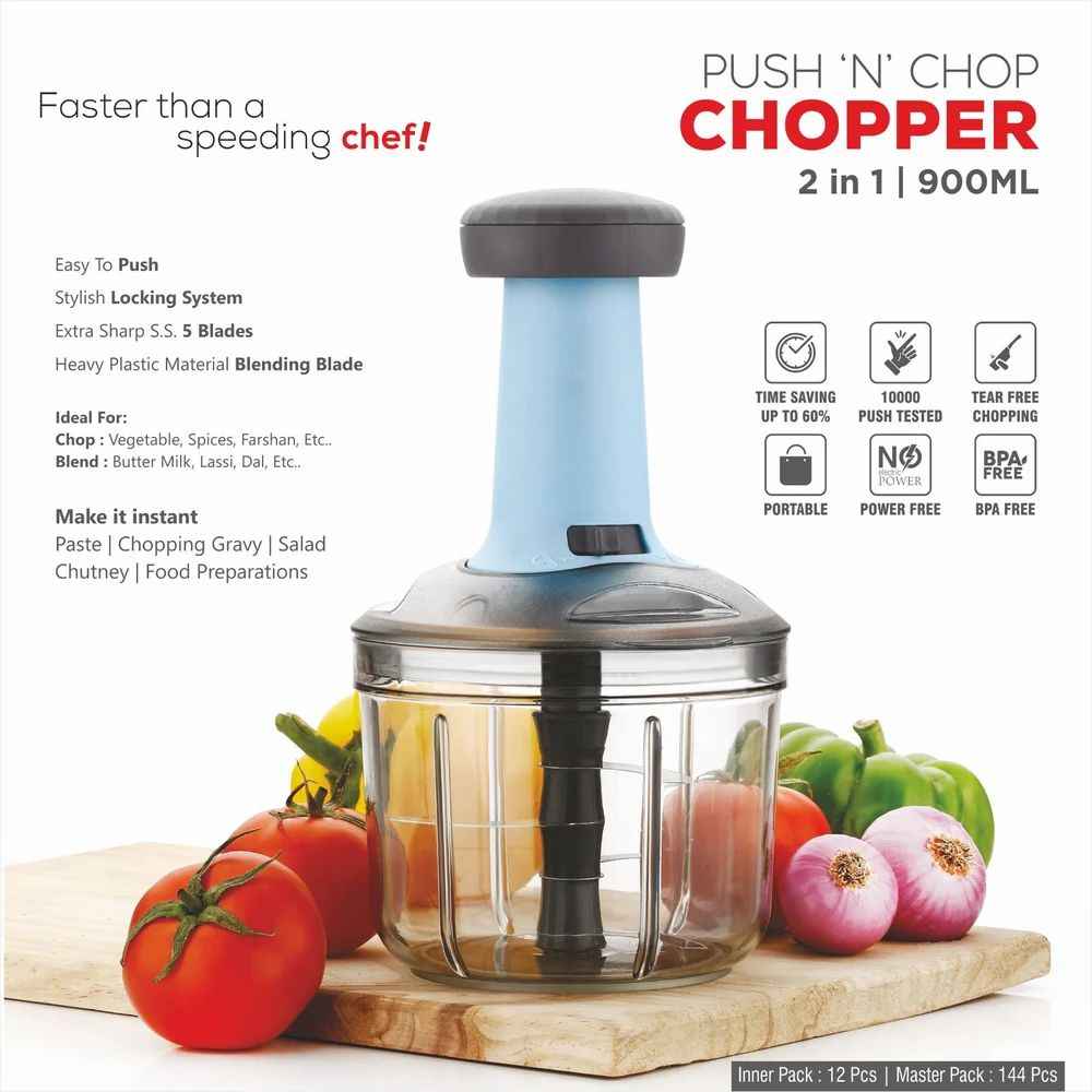 Hand Push Vegetable Chopper – 3 Stainless Steel Blades, Easy to Clean, Portable & BPA-Free, 600ml